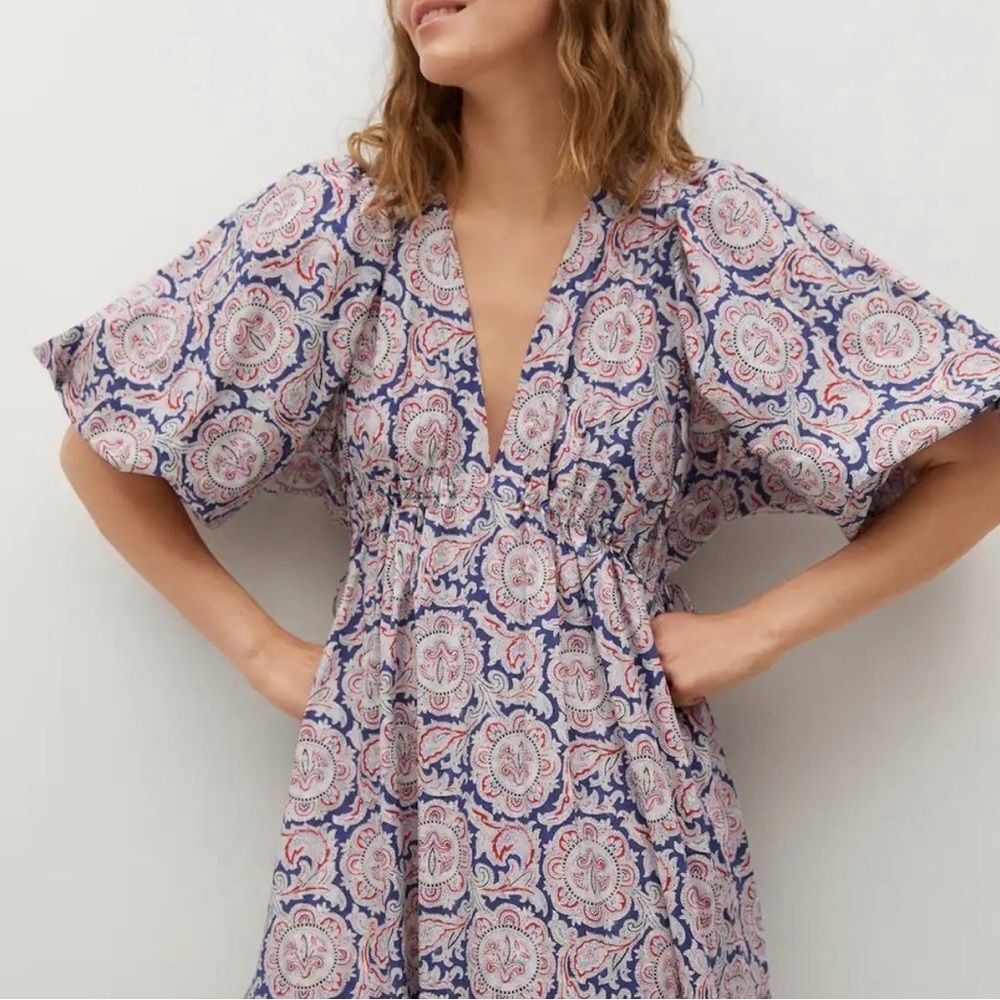 NWT Mango x Chufy Soller Boho Maxi Tiered Dress Puff Sleeve Tassel Blue Red 4 - Picture 4 of 16